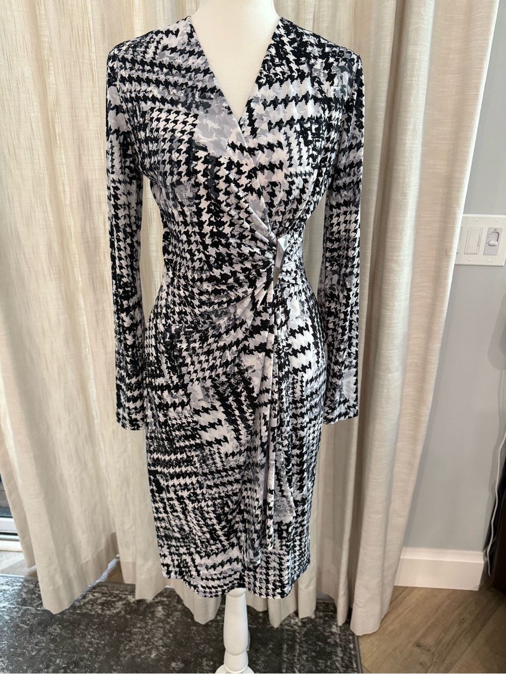 Calvin Klein Black and White Houndstooth Wrap Dress